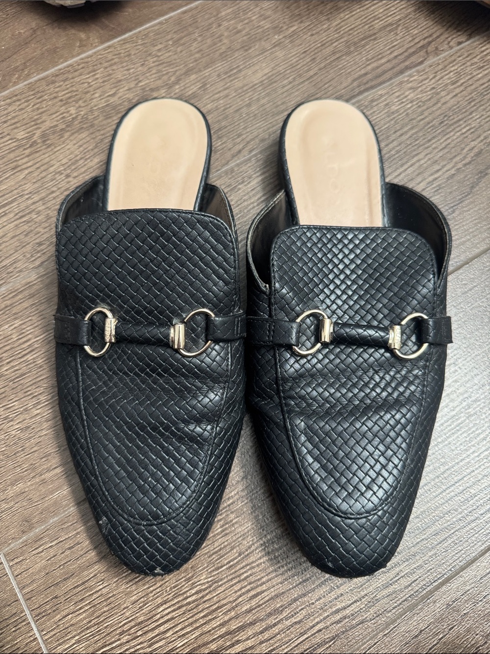 Aldo Black Woven Slip-On Mules with Gold Bit Accent